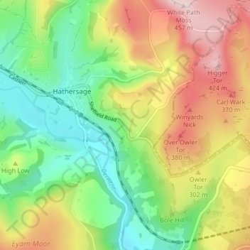 Carte topographique Hathersage Booths, altitude, relief