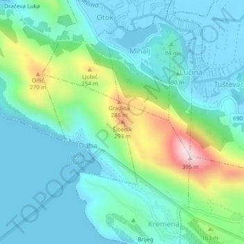 Carte topographique Šibenik, altitude, relief