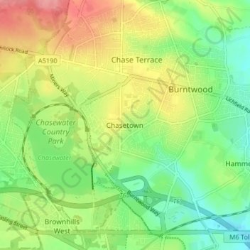 Carte topographique Chasetown, altitude, relief