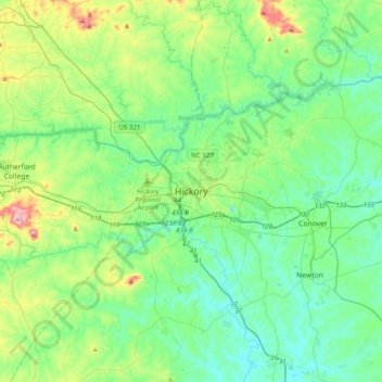Carte topographique Hickory, altitude, relief