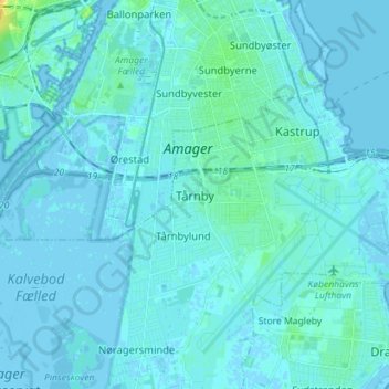 Carte topographique Tårnby, altitude, relief