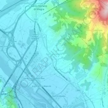 Carte topographique Ponzano Magra, altitude, relief