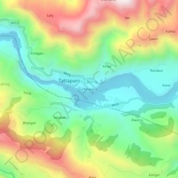 Carte topographique Rihana, altitude, relief