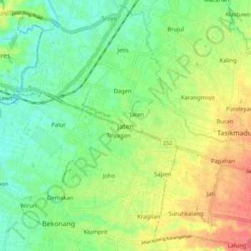 Carte topographique Jaten, altitude, relief