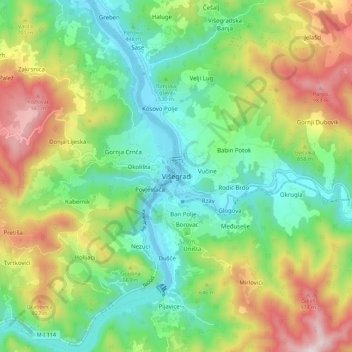 Carte topographique Višegrad, altitude, relief