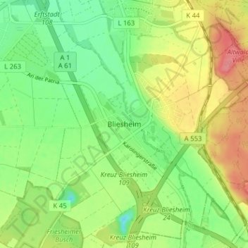 Carte topographique Bliesheim, altitude, relief