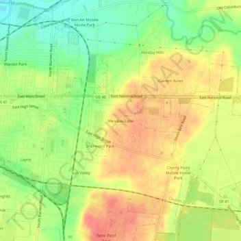 Carte topographique Meadow Lane, altitude, relief