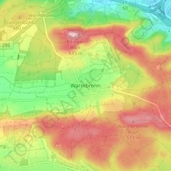 Carte topographique Warmbronn, altitude, relief