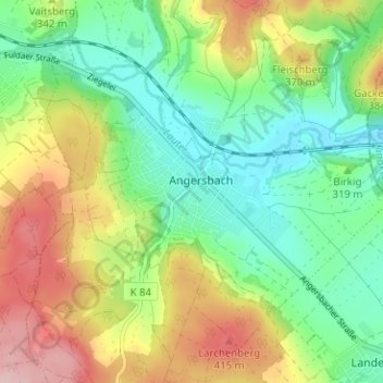 Carte topographique Angersbach, altitude, relief