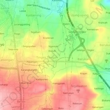 Carte topographique Tingkir Lor, altitude, relief