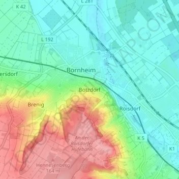 Carte topographique Botzdorf, altitude, relief