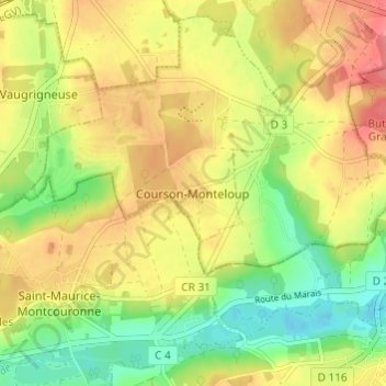 Carte topographique Courson-Monteloup, altitude, relief