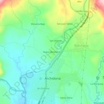 Carte topographique Nuevo Amanecer, altitude, relief