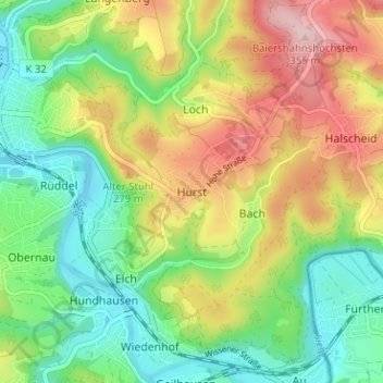 Carte topographique Hurst, altitude, relief