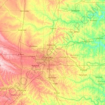 Carte topographique Oklahoma, altitude, relief