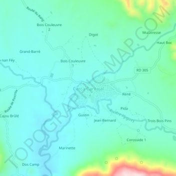 Carte topographique Cerca Carvajal, altitude, relief