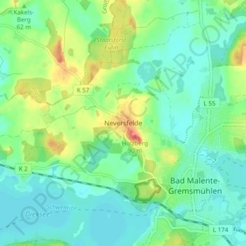 Carte topographique Neversfelde, altitude, relief
