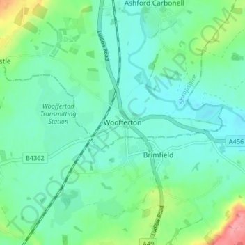 Carte topographique Woofferton, altitude, relief