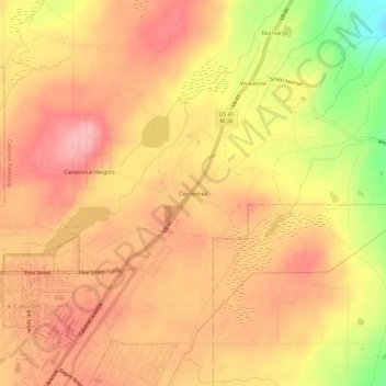 Carte topographique Centennial, altitude, relief