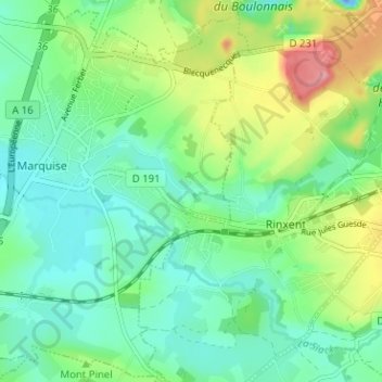 Carte topographique Bouquinghem, altitude, relief