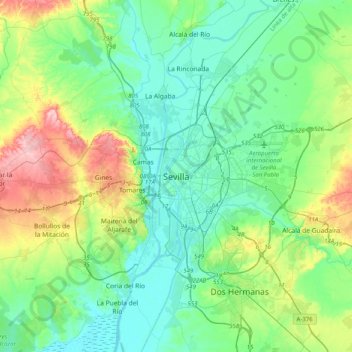 Carte topographique Séville, altitude, relief