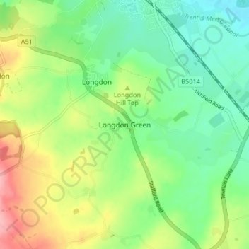 Carte topographique Longdon Green, altitude, relief