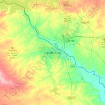Carte topographique Ciudad Acuña, altitude, relief