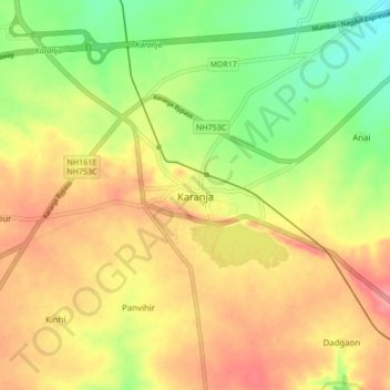 Carte topographique Karanja, altitude, relief
