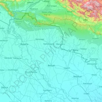 Carte topographique Pashchim Champāran, altitude, relief