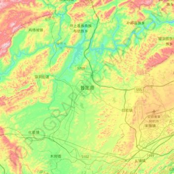 Carte topographique 普定县, altitude, relief