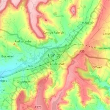Carte topographique Honiton, altitude, relief