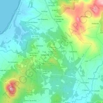 Carte topographique O Lapido, altitude, relief