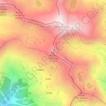 Carte topographique Punta Lazoney, altitude, relief