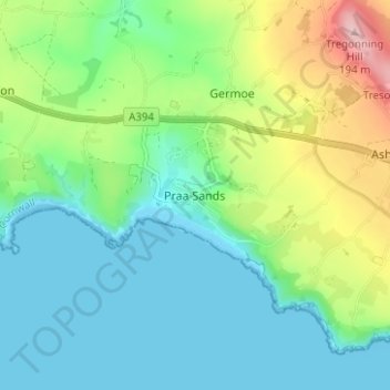 Carte topographique Praa Sands, altitude, relief