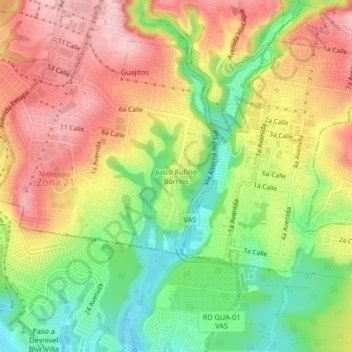 Carte topographique Justo Rufino Barrios, altitude, relief
