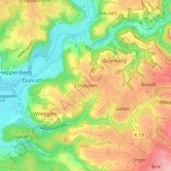 Carte topographique Ellhausen, altitude, relief
