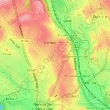 Carte topographique Wolstanton, altitude, relief