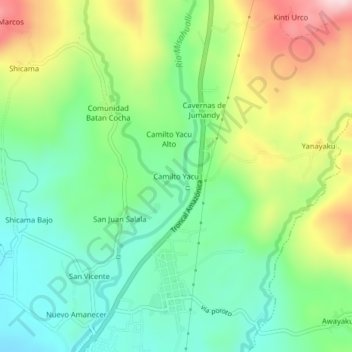 Carte topographique Camilto Yacu, altitude, relief