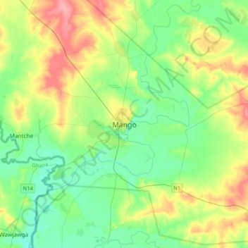 Carte topographique Mango, altitude, relief