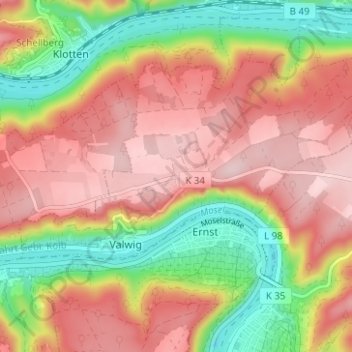Carte topographique Valwigerberg, altitude, relief