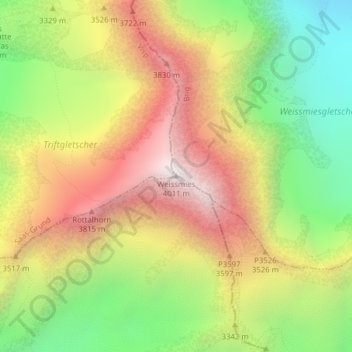 Carte topographique Weissmies, altitude, relief