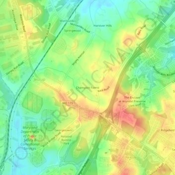 Carte topographique Champion Forest, altitude, relief