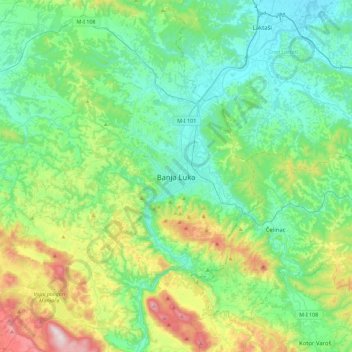 Carte topographique Banja Luka, altitude, relief