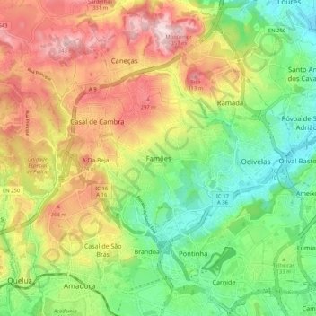 Carte topographique Famões, altitude, relief