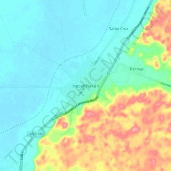 Carte topographique Hecelchakán, altitude, relief