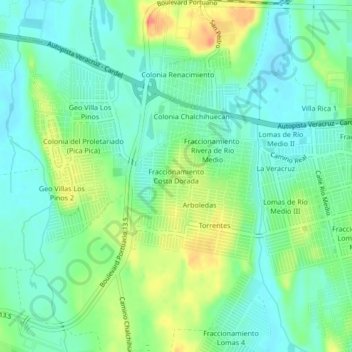 Carte topographique Fraccionamiento Costa Dorada, altitude, relief