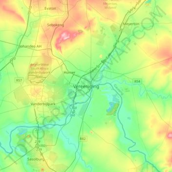 Carte topographique Vereeniging, altitude, relief