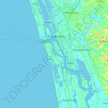 Carte topographique Kochi, altitude, relief