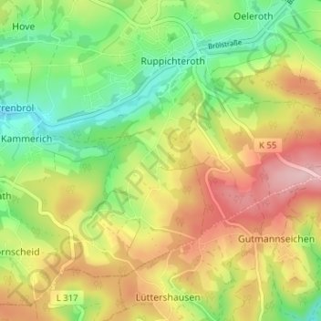 Carte topographique Kesselscheid, altitude, relief