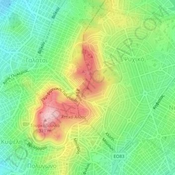 Carte topographique Olympus, altitude, relief